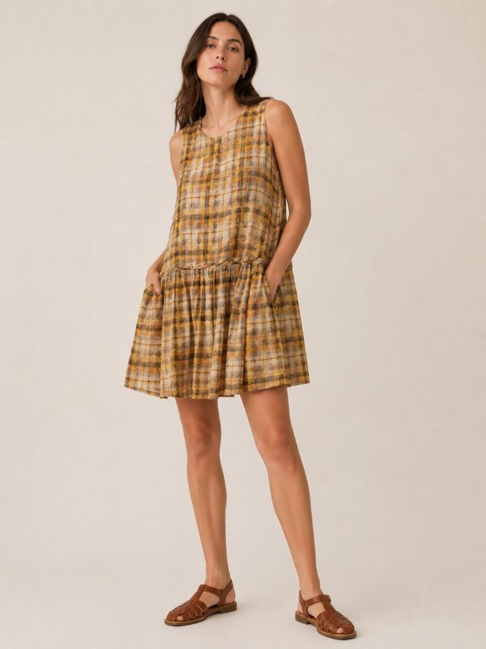 ENZA COSTA Yellow Plaid Bleach Spot Mini Dress